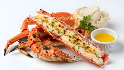 Delicious king crab legs with melted butter for dipping