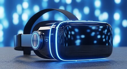Closeup of a futuristic virtual reality headset with glowing neon blue lights, resting on a dark surface with a bokeh background