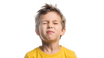 Young boy with closed eyes making a funny face