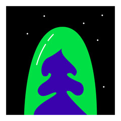 Minimalist Abstract Christmas Illustration of a Purple Tree Silhouette inside a Bright Green Snow Globe against a Black Starry Night Background