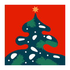 Abstract Minimalist Christmas Tree Illustration with Snowy Pine Needles and a Golden Star on a Bright Red Background.