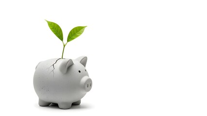 Cracked piggy bank with green plant growing out