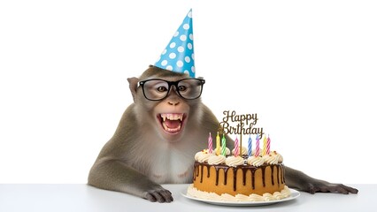 Surprised monkey in party hat and glasses celebrates birthday with cake