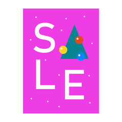 Christmas Holiday Sale Poster featuring White Typography and a Minimalist Geometric Tree with Colorful Ornaments on a Pink Snowy Background.