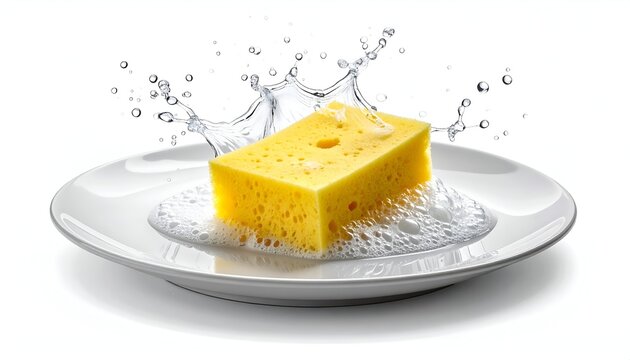 Bright yellow sponge on a white plate with soap and water splashing upwards