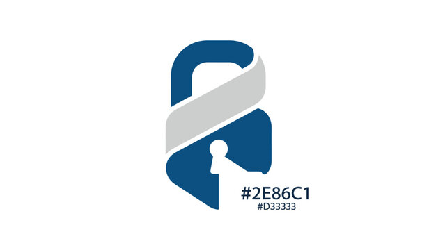 Elegant blue lock logo design with a stylish silver ribbon, security concept.