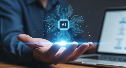 Closeup of a persons open palm holding a glowing ai chip with intricate circuit patterns, representing artificial intelligence and technology