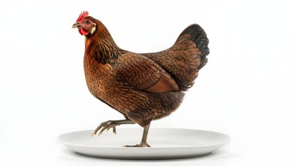 Brown chicken standing on white plate in studio setting