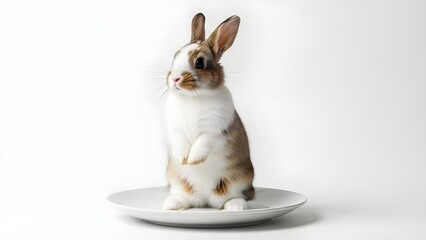 Adorable brown and white rabbit sitting on a white plate