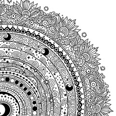 Intricate celestial mandala art with sun moon stars and floral patterns.