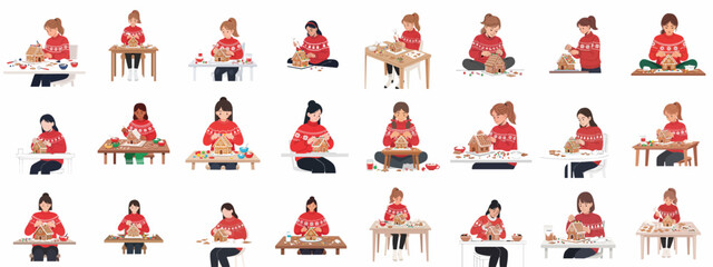Set of illustrations featuring women decorating festive gingerbread houses, a traditional Christmas holiday baking and crafting activity.