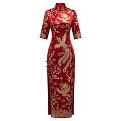 Elegant traditional Chinese dress with gold dragon and phoenix embroidery