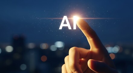 Fingertip touching the glowing letters ai against a blurred cityscape at dusk, symbolizing artificial intelligence and technology