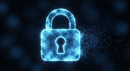 Digital padlock icon made of glowing blue particles on a dark background, representing cybersecurity and data protection
