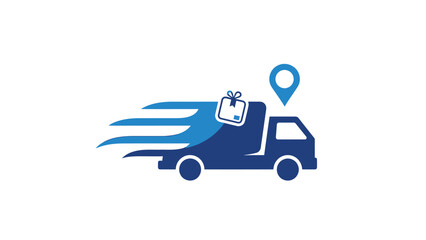 Fast delivery truck with a location marker, shipping and logistics concept.