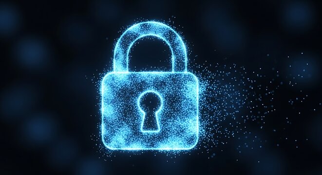 Digital padlock icon made of glowing blue particles on a dark background, representing cybersecurity and data protection - Powered by Adobe