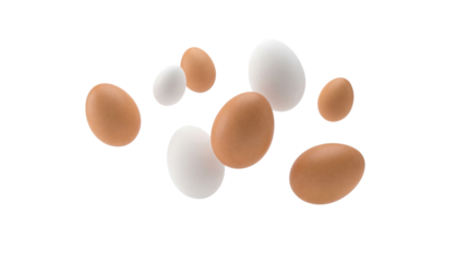 Several brown and white chicken eggs appear to be floating or falling through space on transparent background