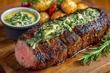 Juicy grilled steak with herb butter and roasted potatoes on wooden board