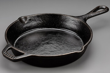 Rustic black cast iron skillet with handle on gray background