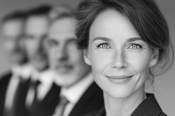 Confident mature woman leading team of business professionals in focused black and white portrait
