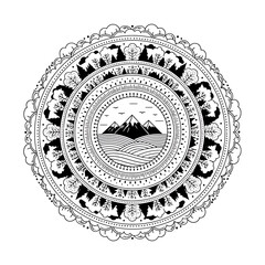 Intricate Mandala Art with Mountain and Nature Motifs.