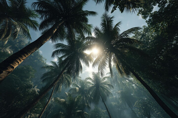 Serene tropical jungle with tall palm trees and sunlight filtering through leaves