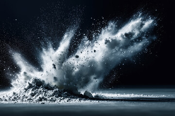 Dramatic explosion of white powder against dark background in motion capture
