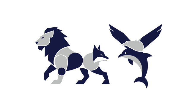 Geometric animals - lion, fox, dolphin and eagle in a modern design.