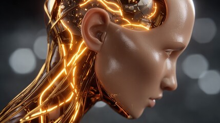 Artificial intelligence head with glowing veins futuristic portrait