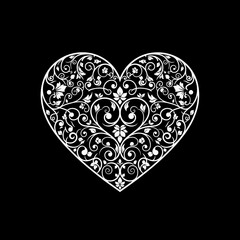 Intricate white floral heart design on a black background.