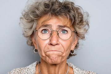 Elderly woman with glasses and curly hair showing surprised expression