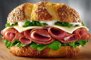 Delicious ham and cheese sandwich with fresh lettuce and seeds on rustic bread