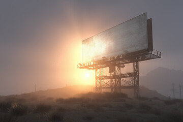 Sunset behind empty billboard in desert landscape with hazy sky and power lines