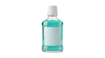 Realistic 3d rendering of clear plastic bottle filled with bright blue oral rinse on transparent background