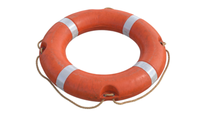 Essential safety flotation device featuring reflective bands and attached rope on transparent background
