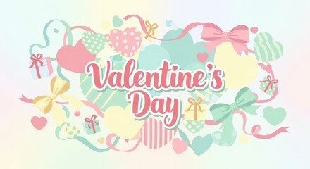 Fototapeta premium Whimsical valentines day illustration with pastel hearts, ribbons, bows, and gift boxes on a soft gradient background, perfect for romantic greetings