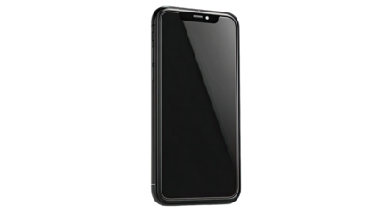 Modern black smartphone standing upright with blank glossy screen sleek metallic edges minimal technology isolated on white background