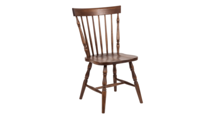 Classic dark wood spindle back dining chair features traditional farmhouse aesthetic on transparent background