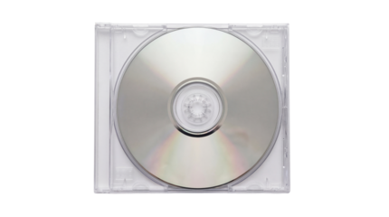 Shiny compact disc inside a clear jewel case ready for data storage on transparent background