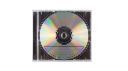 Holographic compact disc in jewel case with lines for manual writing on transparent background