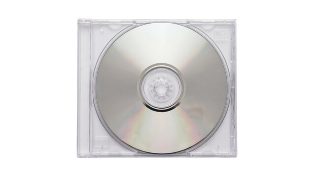 Shiny compact disc inside a clear jewel case ready for data storage on transparent background
