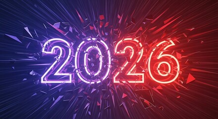 Glowing neon number 2026 in purple and red colors with abstract explosion effect on a dark background