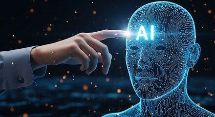 Closeup of a hand touching a digital human head with glowing ai text, representing artificial intelligence