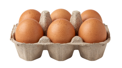 Six fresh brown speckled chicken eggs resting securely within a gray pulp carton on transparent background