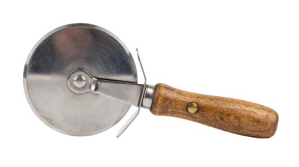 Classic stainless steel pizza cutter with a rich wooden handle for easy slicing on transparent background
