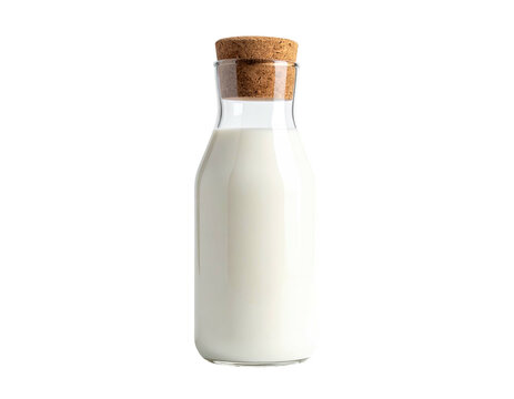 Clear glass bottle filled with opaque white liquid, topped with a cork stopper, against black