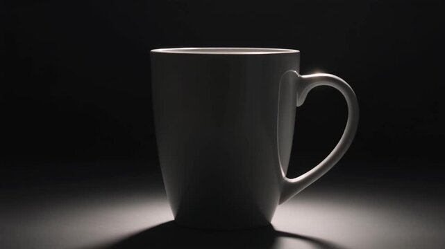 A solitary white ceramic mug stands illuminated by a dramatic spotlight, casting a stark shadow against a dark, mysterious background.