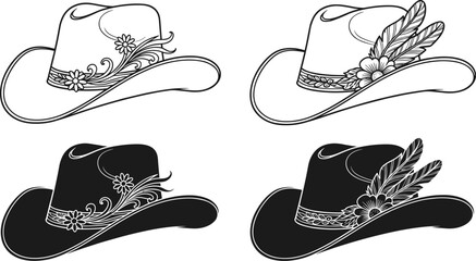 Decorative cowboy hat illustration set, floral and feather designs, black and white Western vector for fashion branding and vintage style © Monjurul Creatives