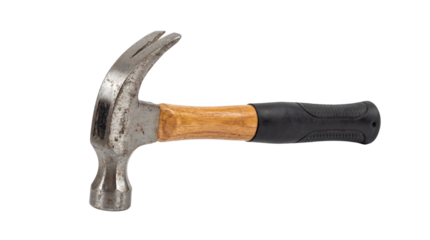 Weathered claw hammer with wooden handle and rubber grip shown on transparent background