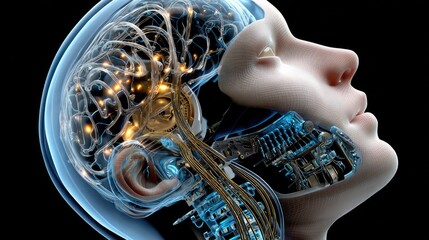 Human brain illustration with neural networks and technology concept